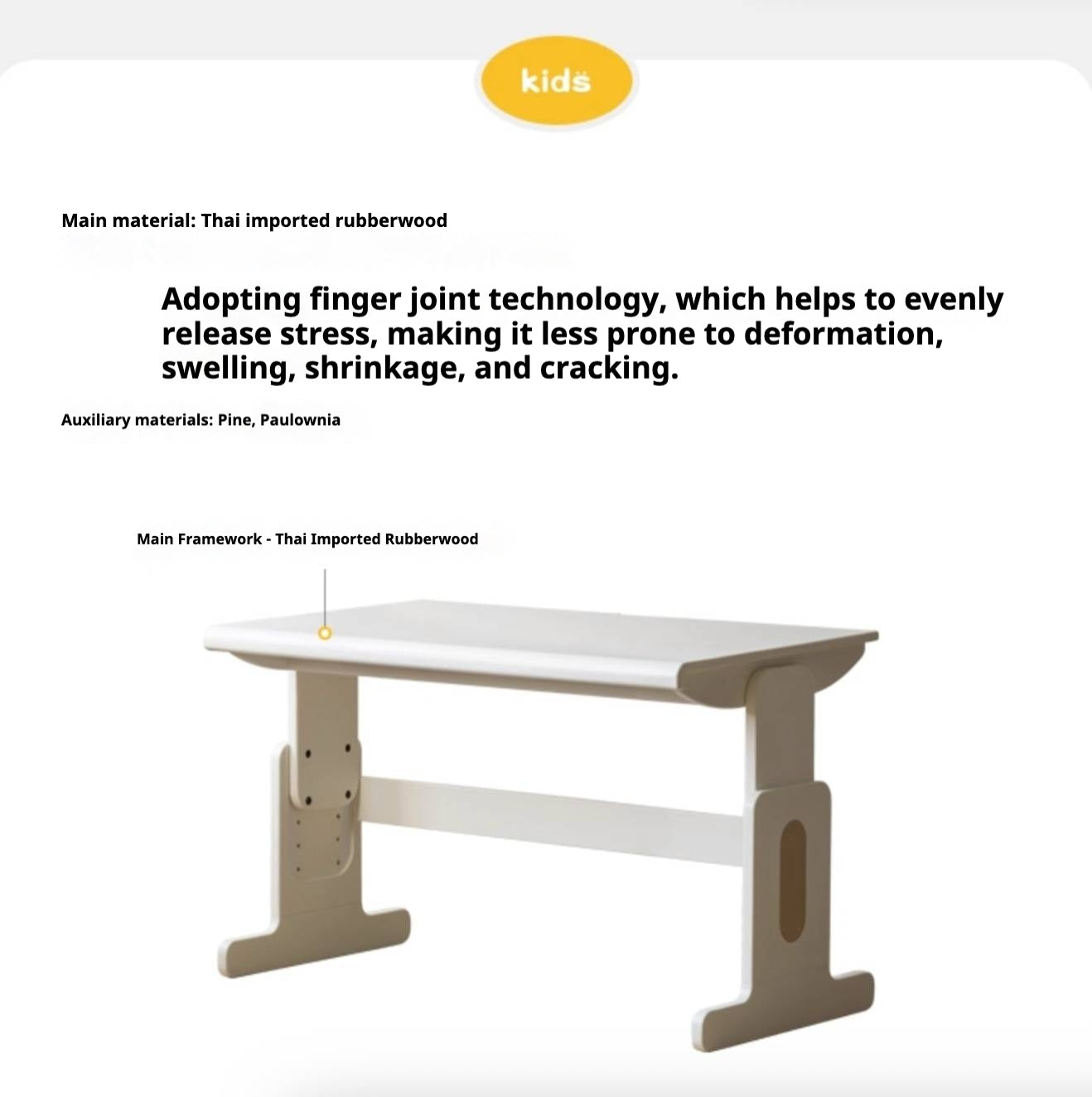 Solid Rubberwood Lift Study Desk Adjustable White Kids Desk