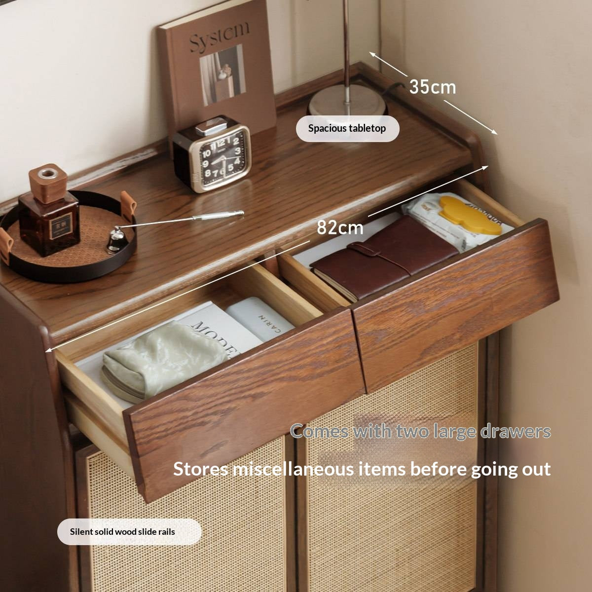 Oak Solid Wood Shoe Cabinet with Rattan Storage