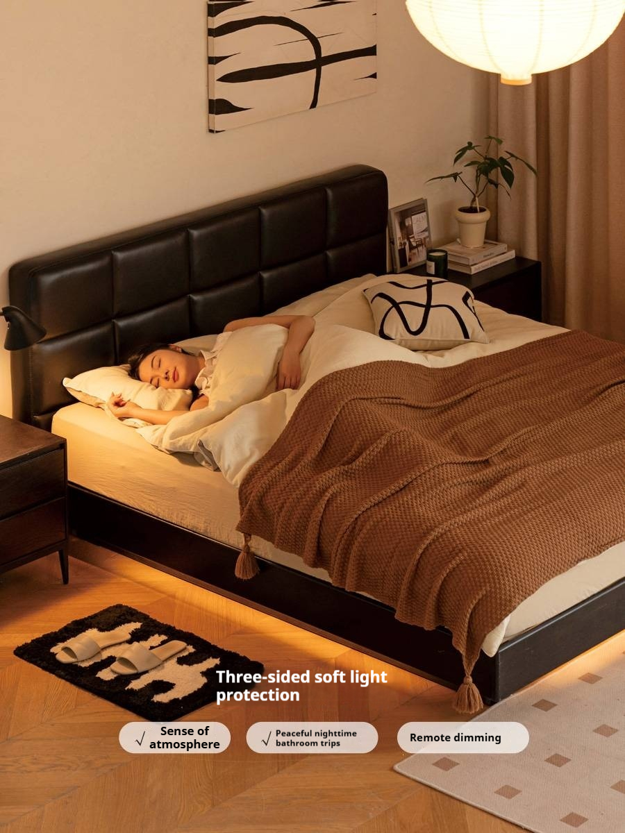 Oak Solid Wood Genuine Leather Upholstered Box Bed Retro Black Floating Bed