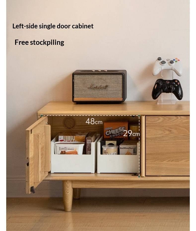 White Ash, Ash Solid Wood TV Stand with Sliding Doors and Sleek Finish