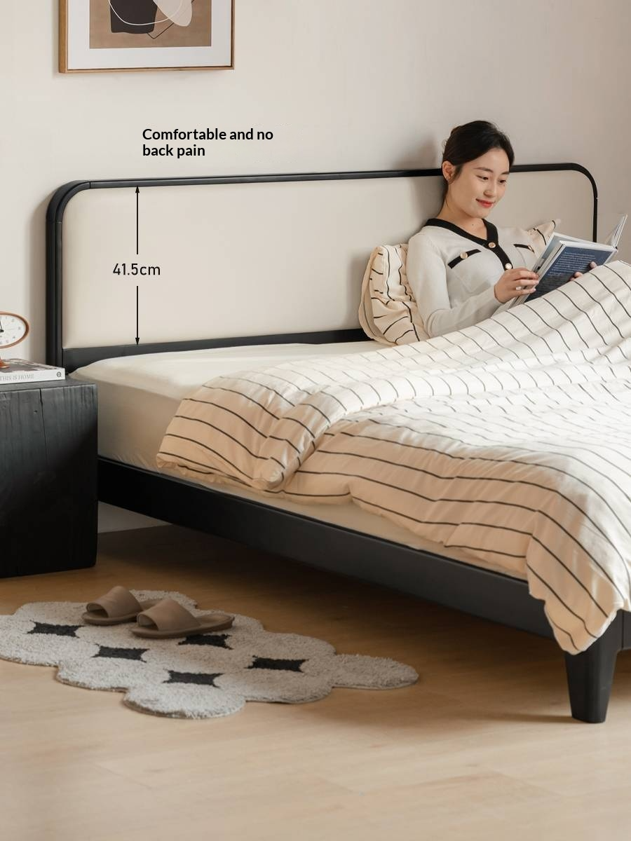Rubberwood Solid Wood Bed — Modern Minimalist Black Design with Soft Headboard