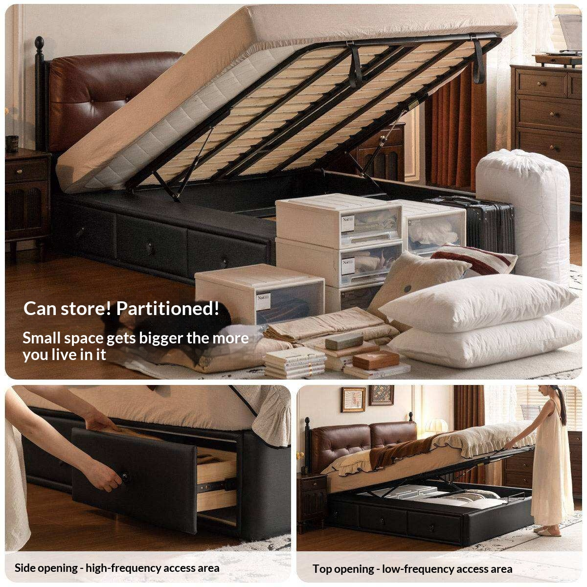 Genuine Leather Luxury Storage Bed with Lift-Up Storage Box Bed
