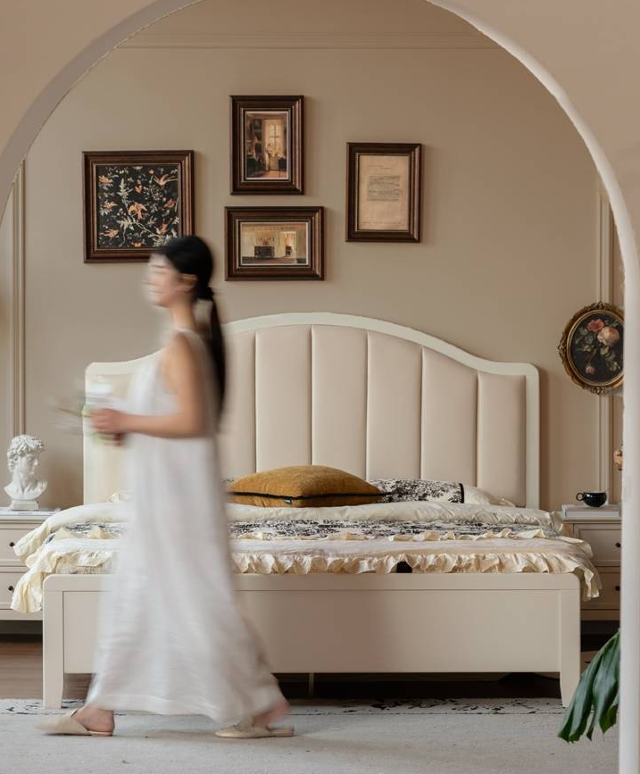 Rubberwood Solid Wood White Large Box Bed American Style