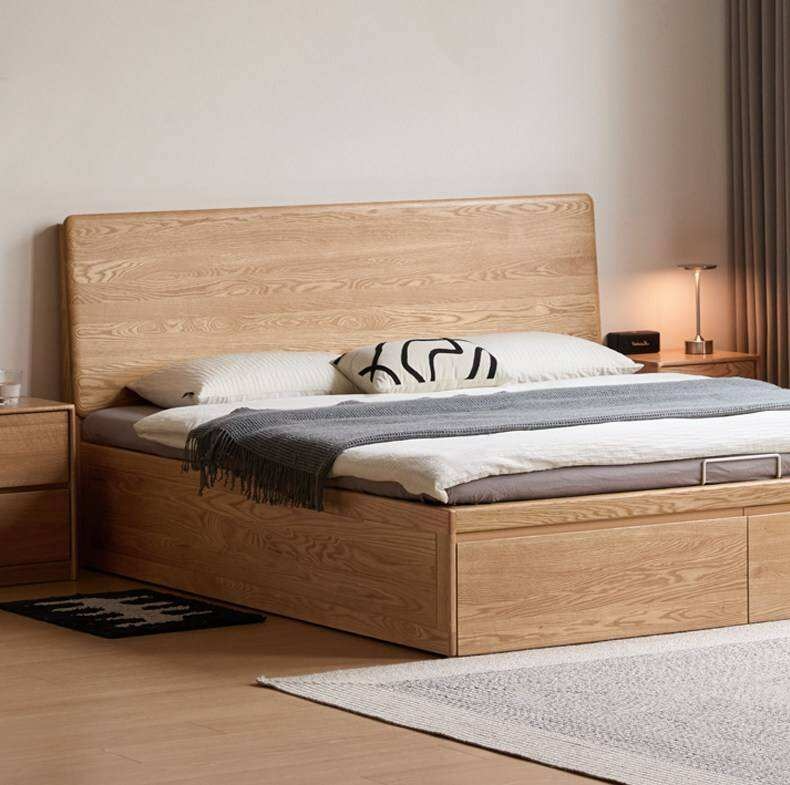 Oak Solid Wood Storage Bed with Hydraulic Lift-Up Frame and drawers