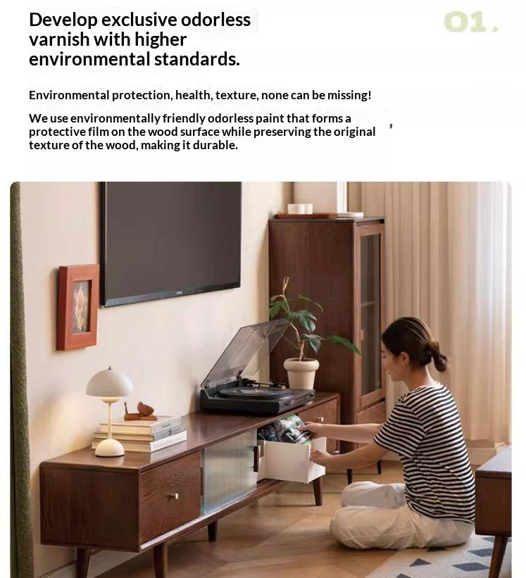 Oak, Solid Rubberwood, Beech Solid Wood TV Stand Glass Sliding Door