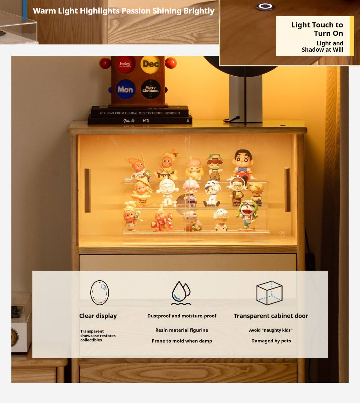 White Ash Wood Solid Wood Side Cabinet with Glass and Light Showcase