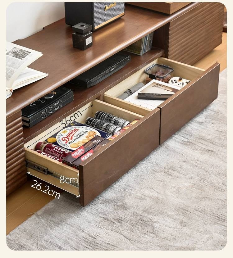 Solid RubberWood Fluted TV Media Console with Drawers and Open Shelf
