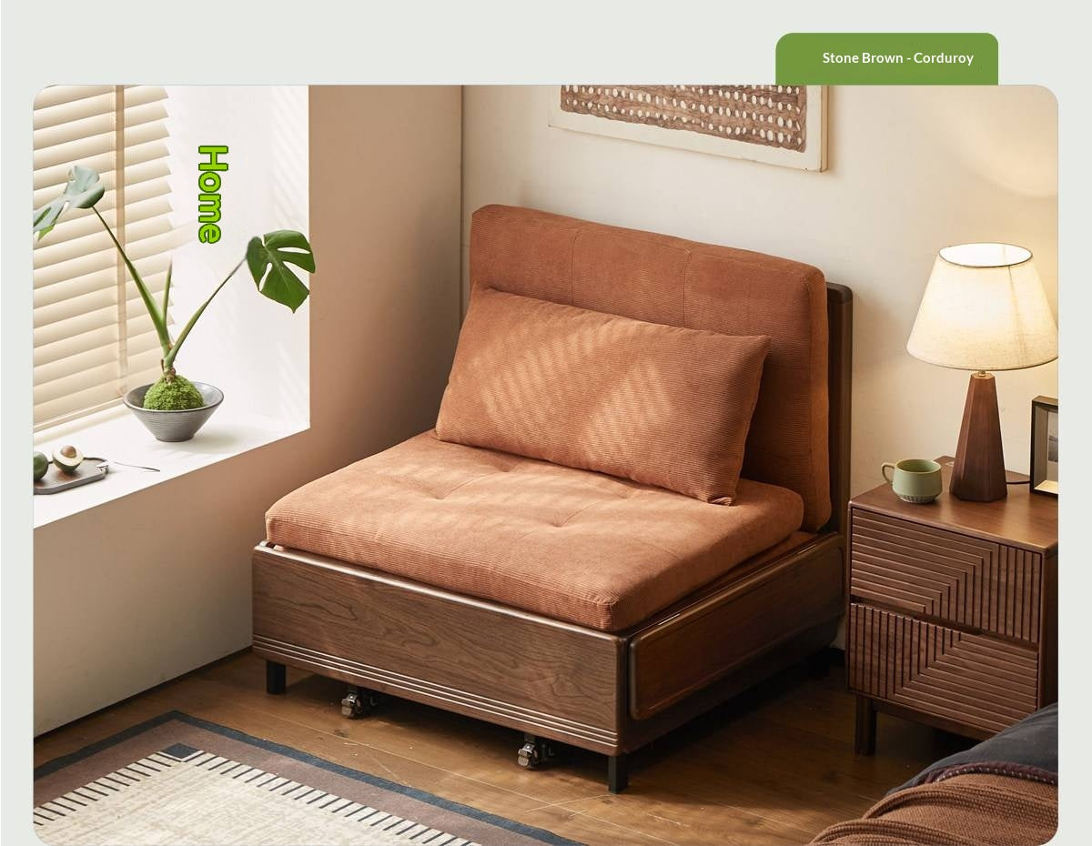 Black Walnut, Oak Solid Wood Sleeper Chair-sofa Bed with Attached Fold-Out Side Tray