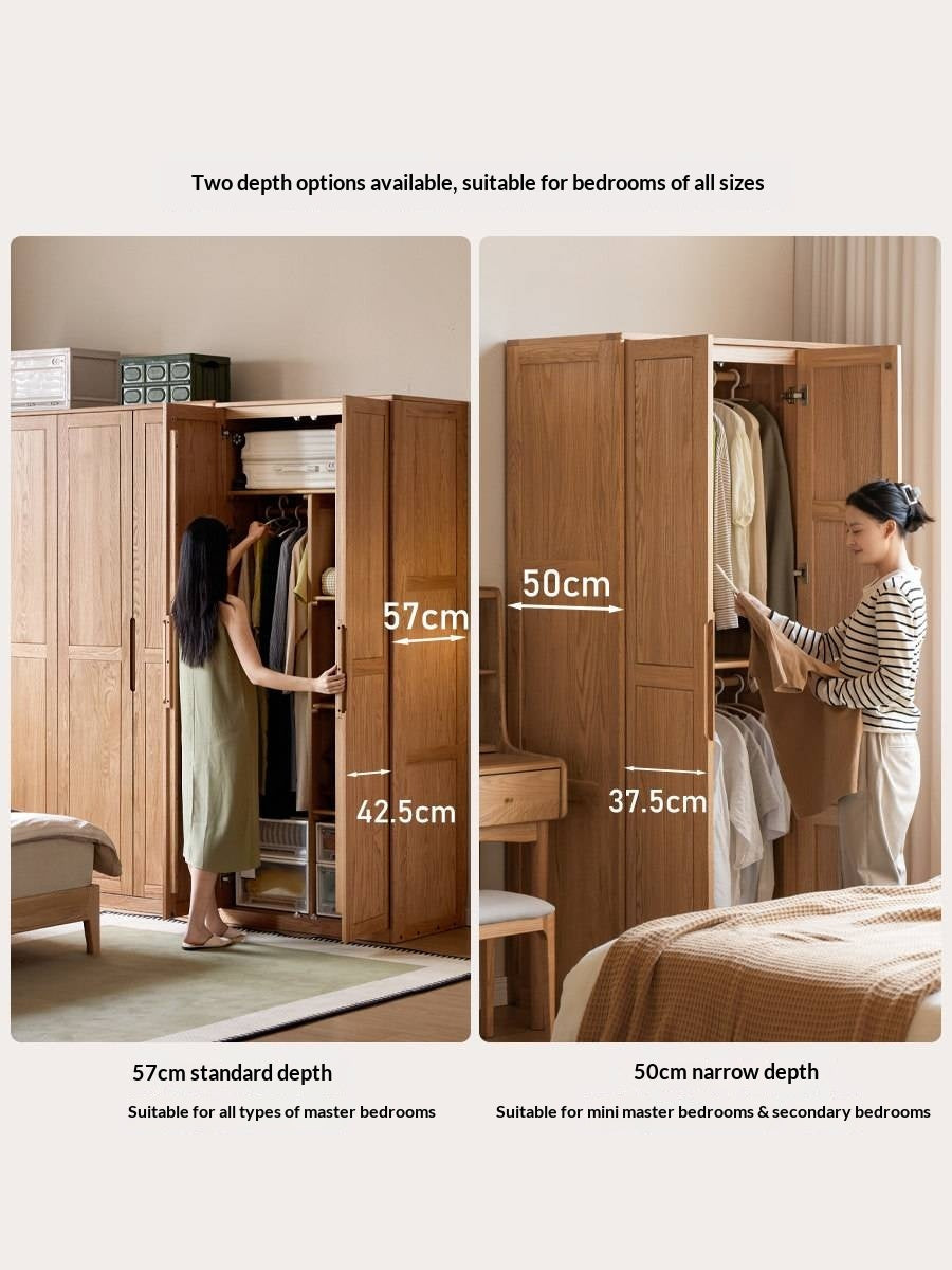 Oak solid wood Wardrobe with Flat Panel Doors and Groove Handles