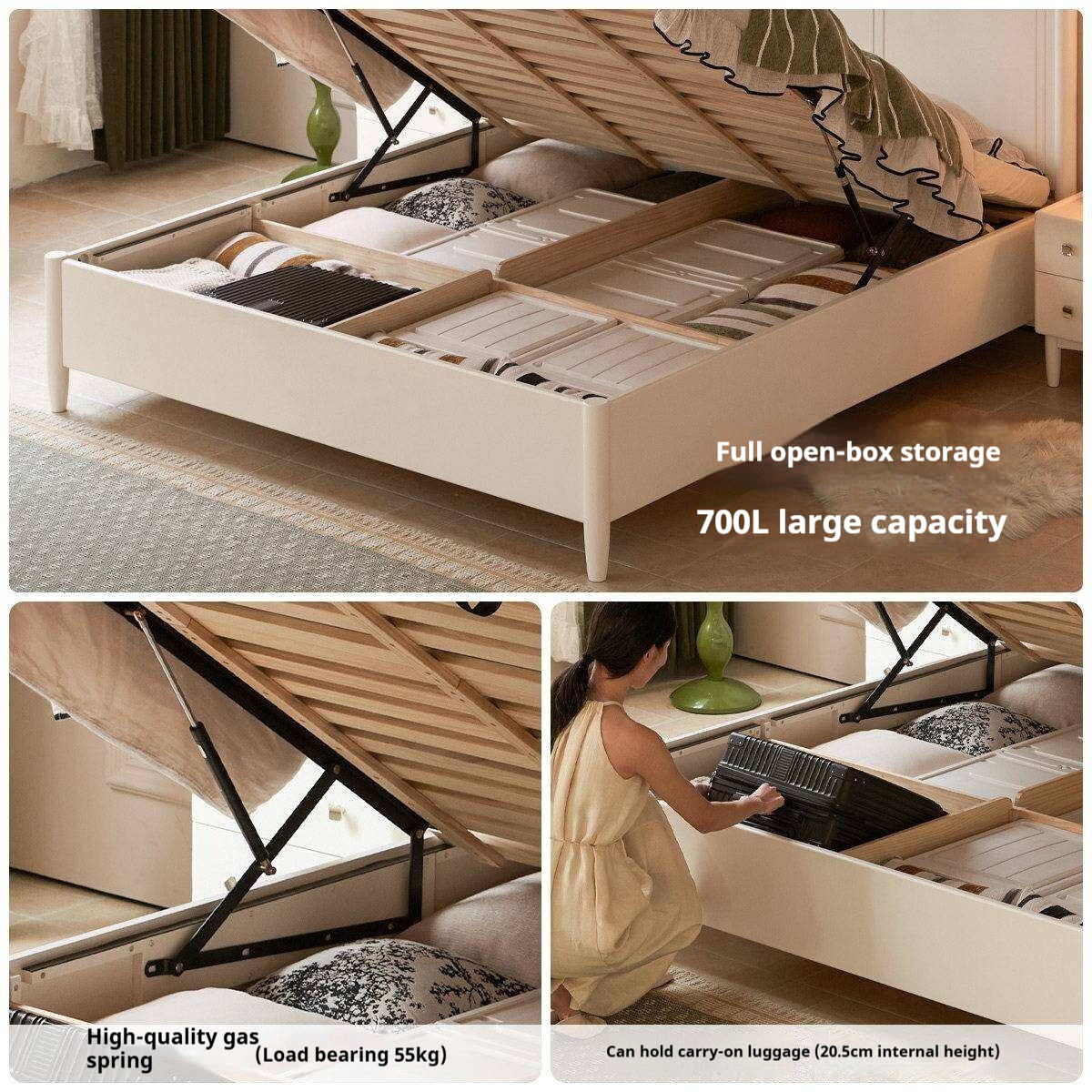 Rubberwood Solid Wood Bed with White Cream Style Large Box Frame