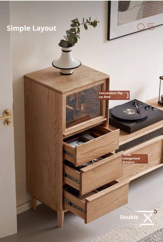 Ash Solid Wood Modern Minimalist Side Cabinet with Light.