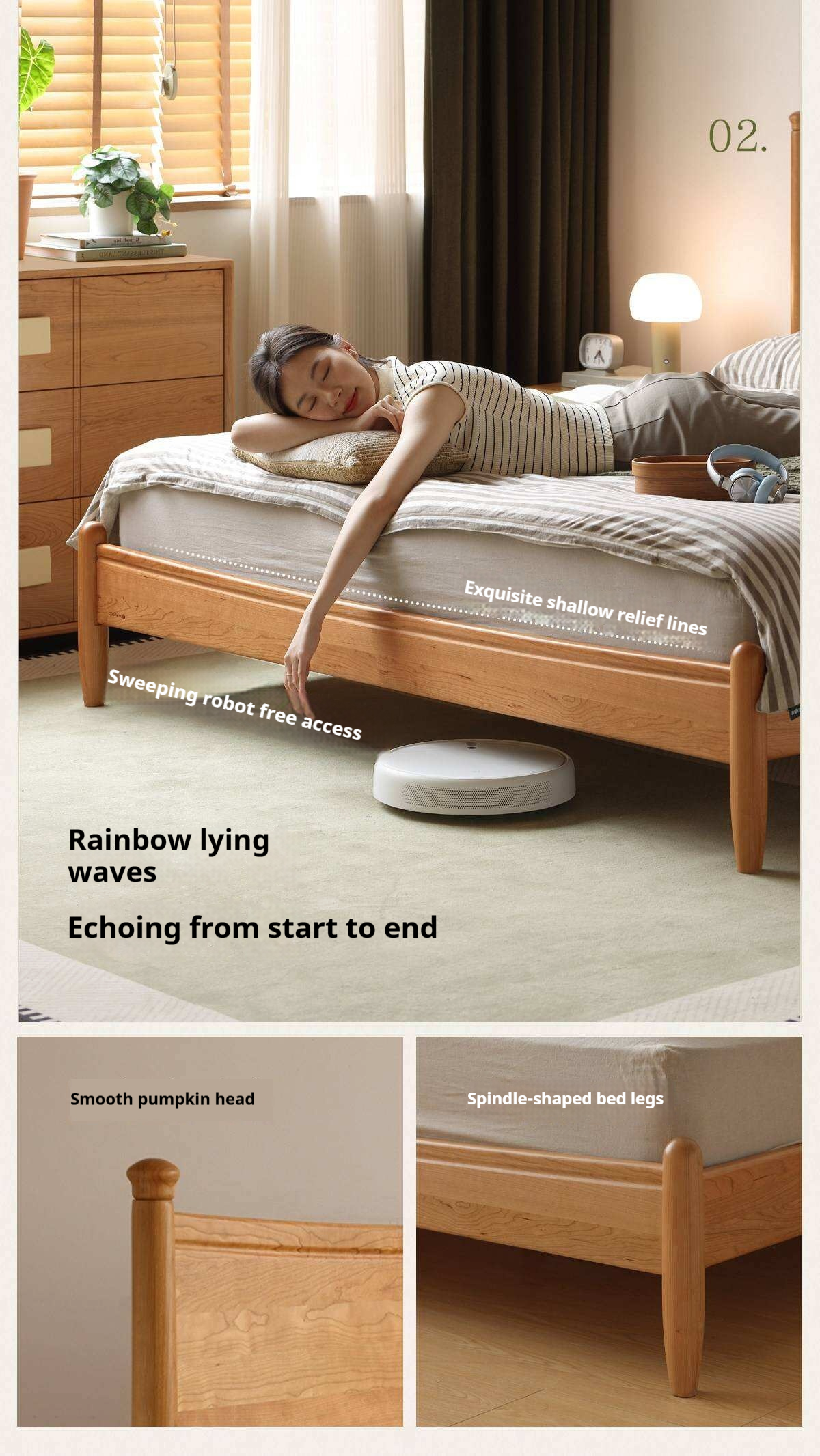 Cherry Solid Wood Nordic Platform Bed with Curved Panel Headboard