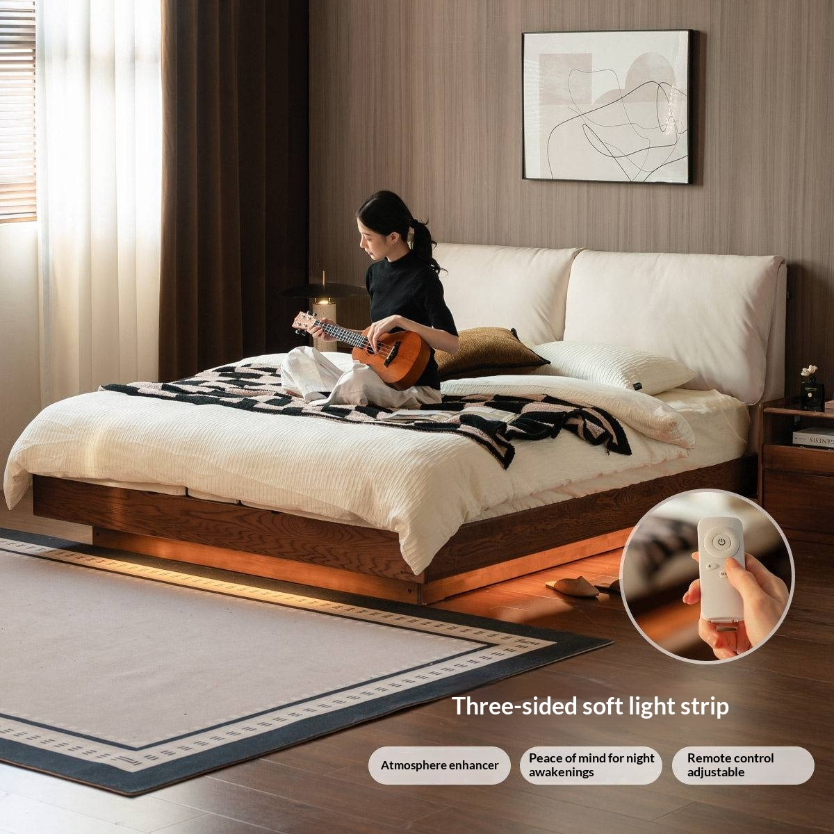 Oak Solid Wood Box Bed — Italian Light Luxury with Soft Genuine leather Backrest