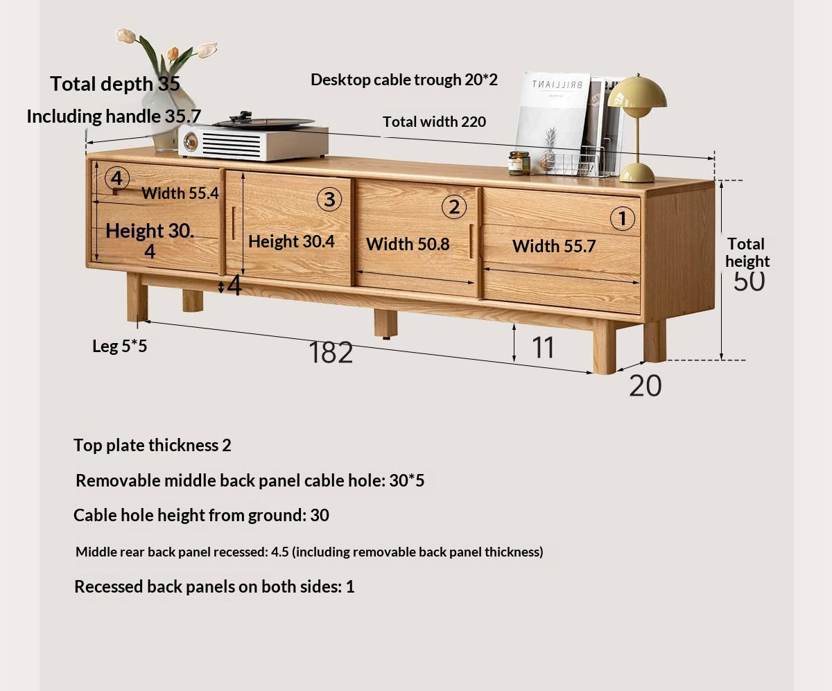 Oak Solid Wood TV Console with Ribbed Sliding Doors and Open Shelving