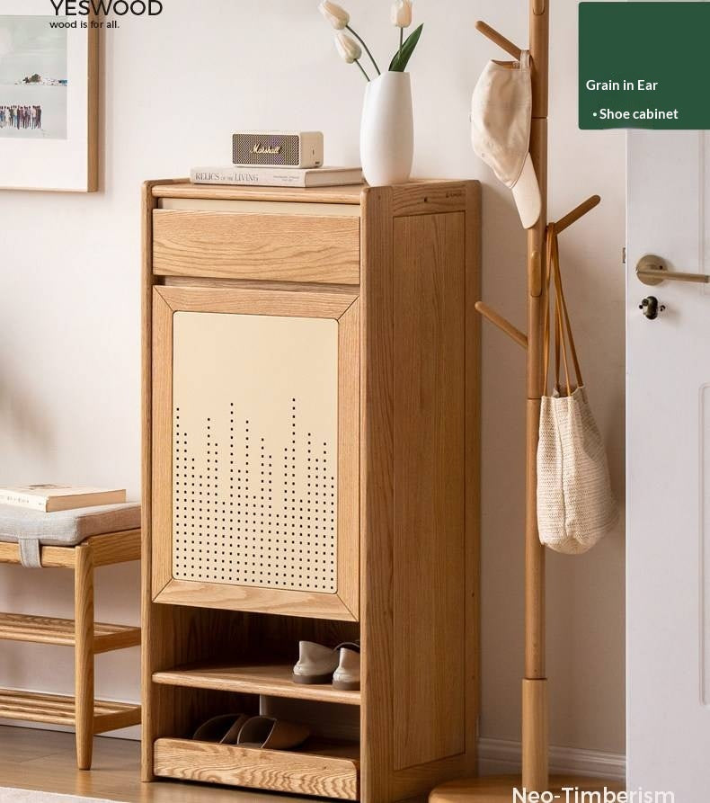 Oak Solid Wood Narrow Shoe Storage Cabinet with Pull-Out Drawer