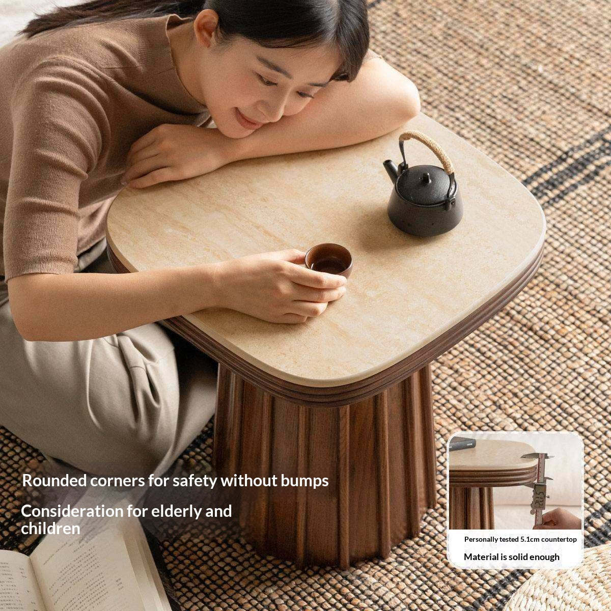 Oak Solid Wood Square Side Table with Silent Style and Rock Slab Design