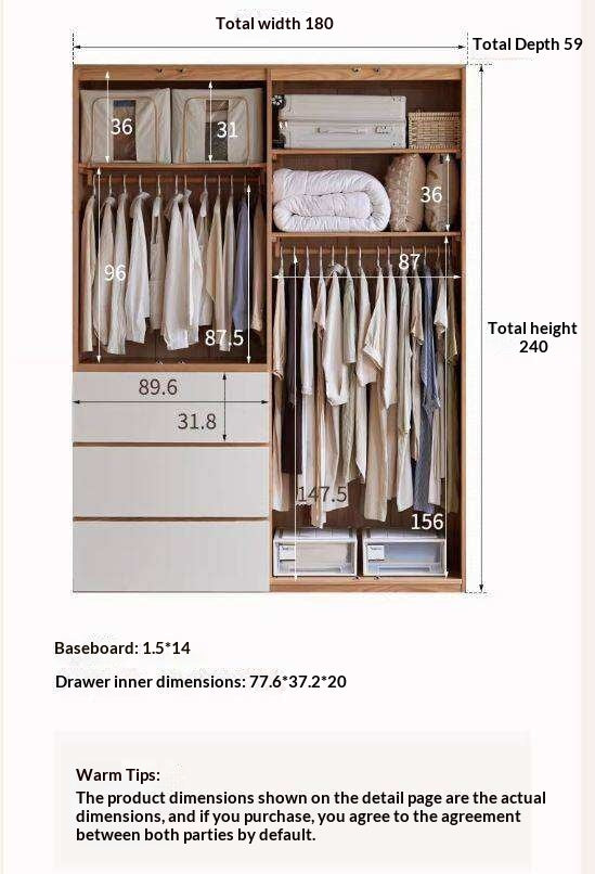 Oak Solid Wood Wardrobe with Double Doors