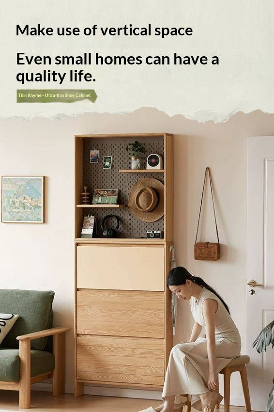 Oak Solid Wood Ultra-Thin Shoe Cabinet with Flip Door and Modern Entrance Design