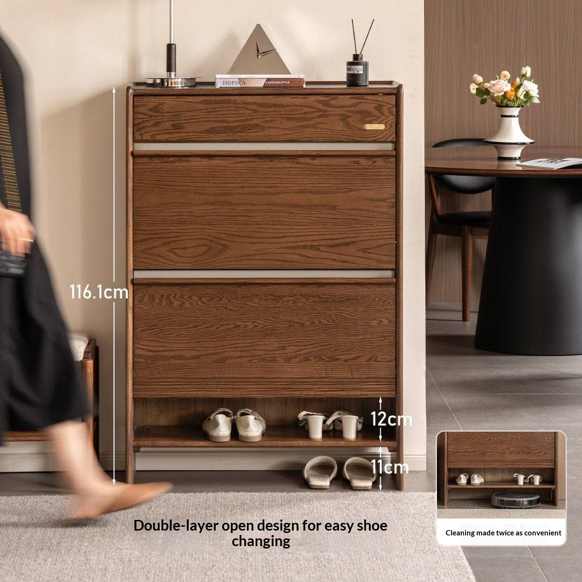 Oak Solid Wood Shoe Cabinet with Flip Doors and Light Italian Luxury Finish