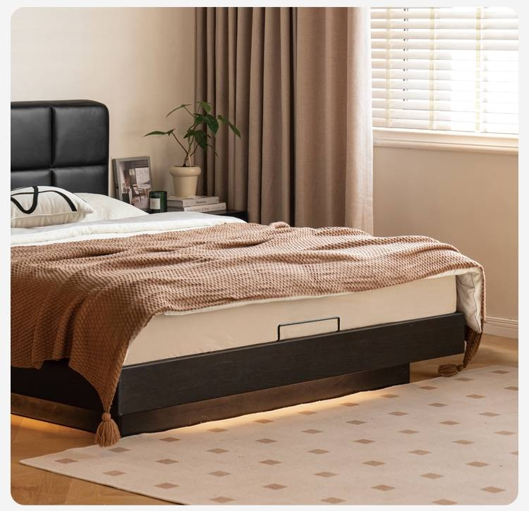 Oak Solid Wood Genuine Leather Upholstered Box Bed Retro Black Floating Bed
