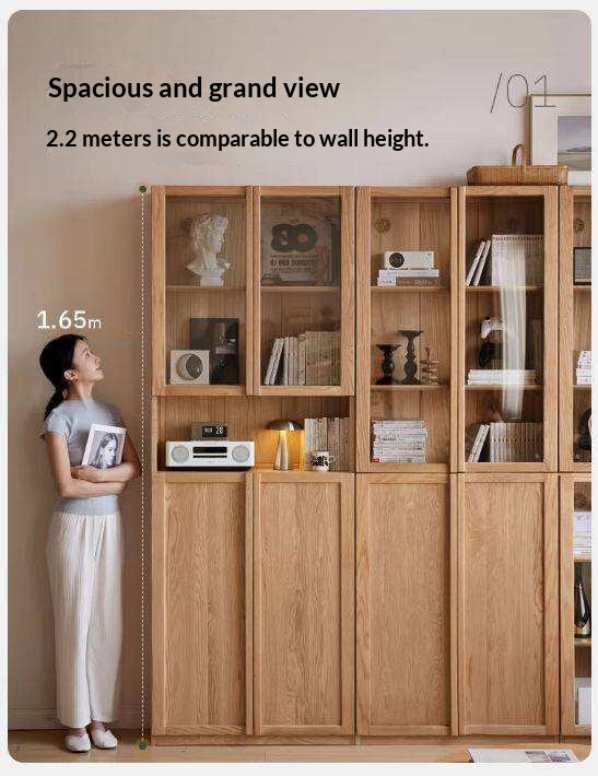 Oak Solid Wood Bookcase with Glass Doors, Large Oak Storage Cabinet for Living Room Display