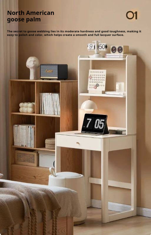 Tulipwood Solid Wood, Solid Rubberwood Rock Board Desk Bookshelf Integrated White Cream