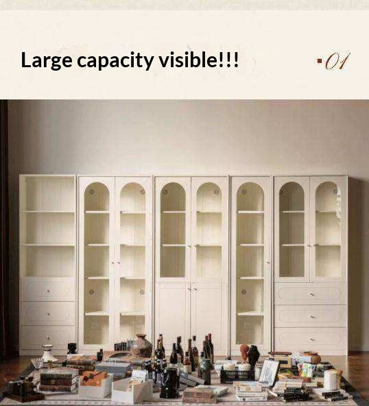 Solid RubberWood Bookcase White With Glass Door French Cream Style