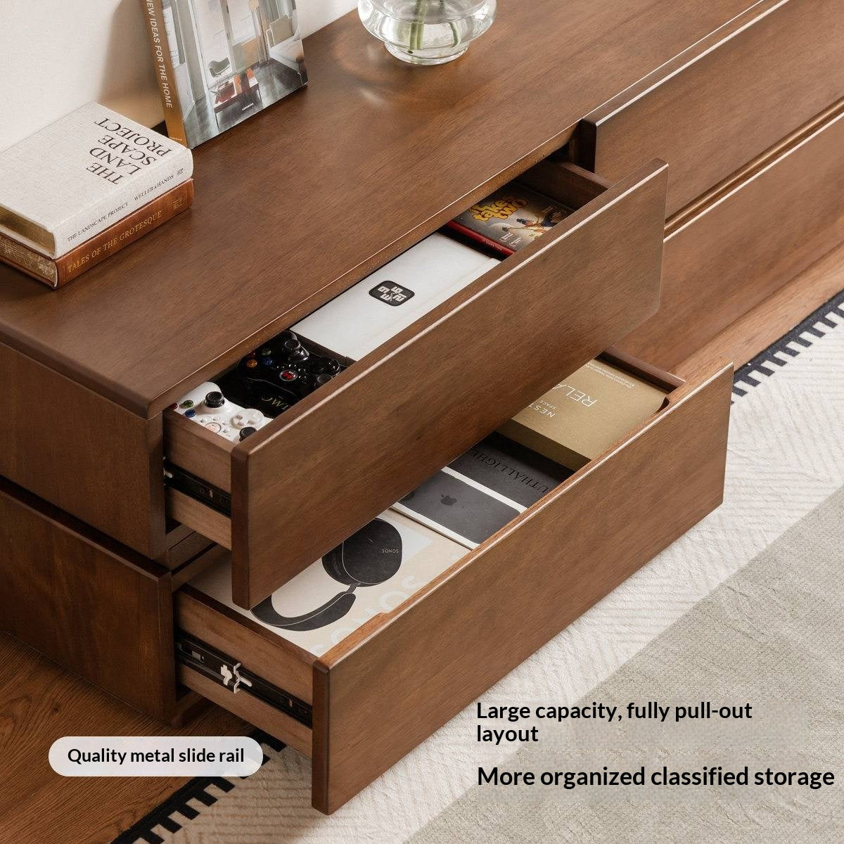 Solid Longan Hardwood Floating Media Console with Push-Open Drawers