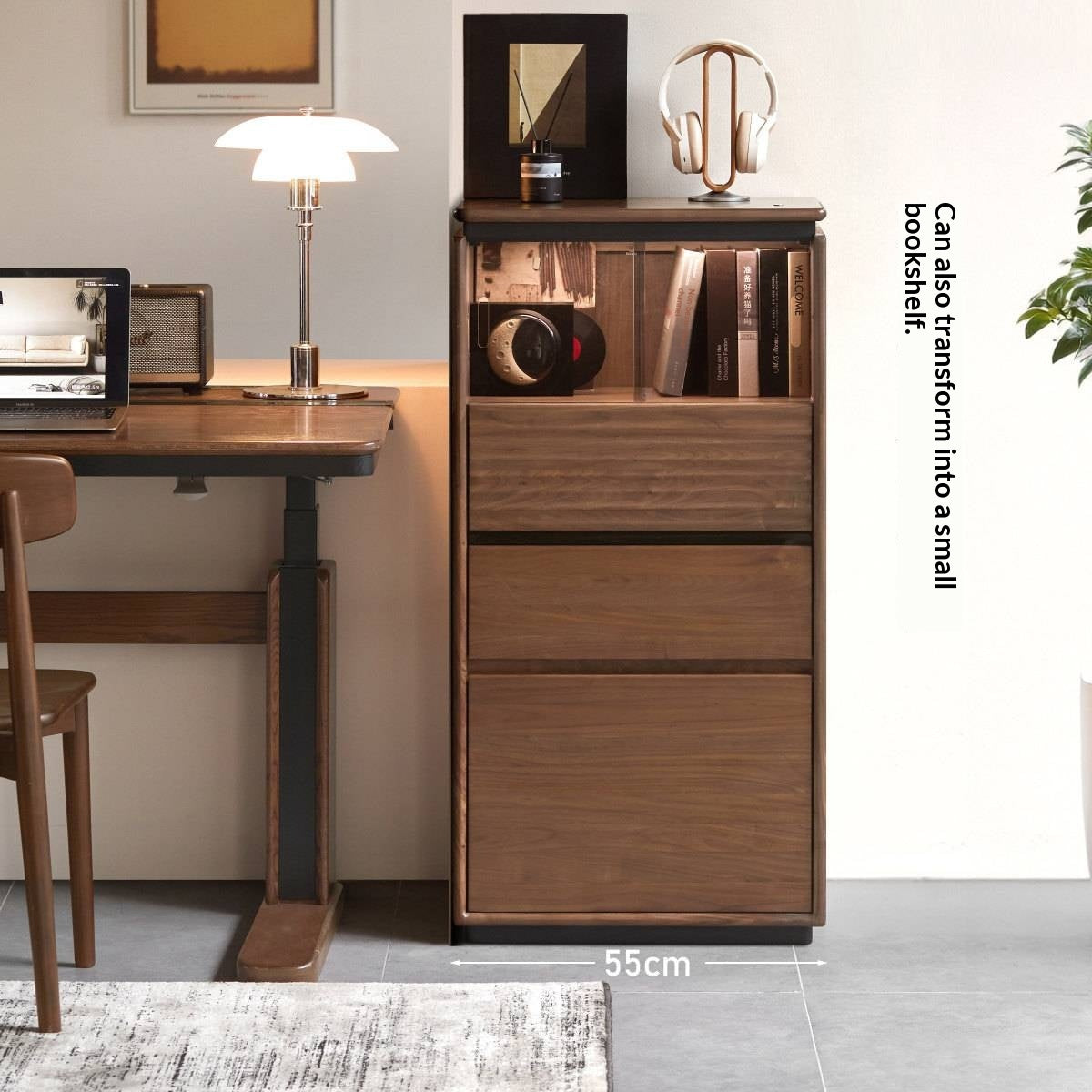 Black Walnut, Ash, Oak Solid Wood Tall Side Cabinet with Louvered Sliding Door and LED Lighting