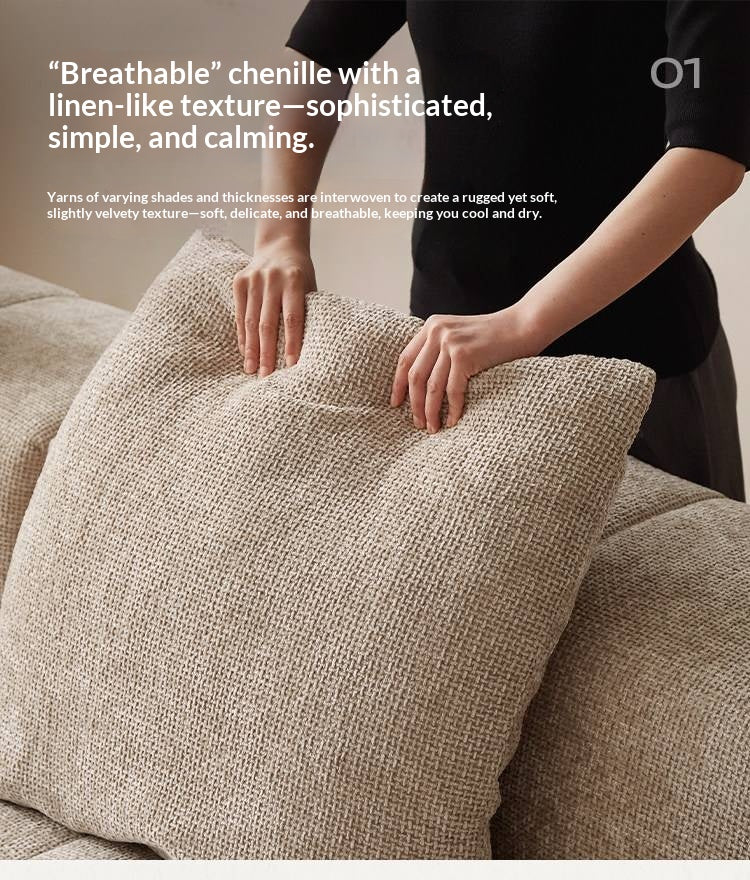 Pine Solid Wood Modular Sectional Sofa in Chenille Faux Linen with Feather-Filled Cushions, Chaise and Ottoman Options