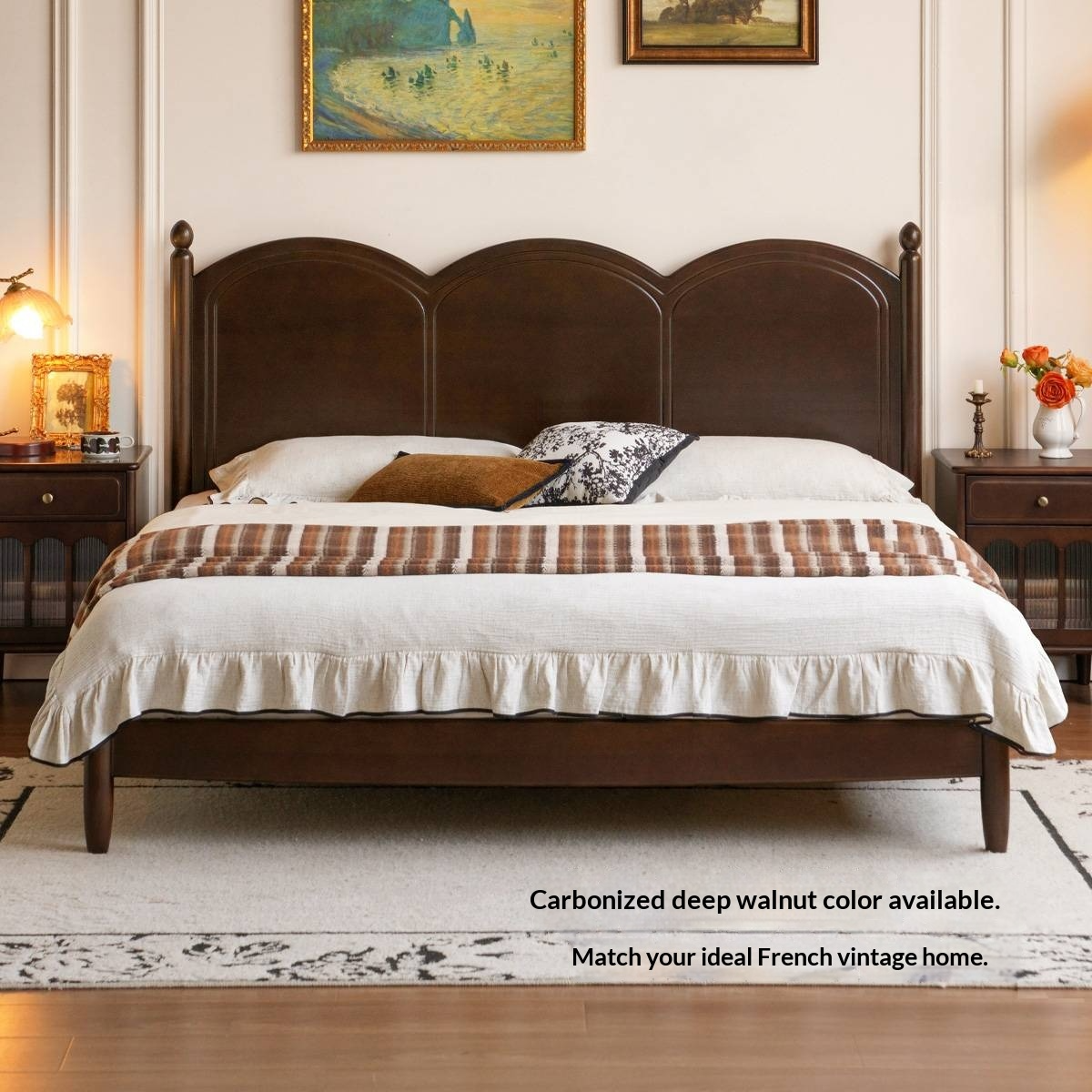 Rubberwood Solid Wood Bed — French Vintage Style, Large Slab Bed