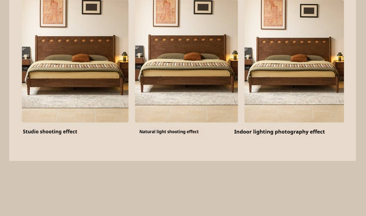 Black Walnut Solid Wood Mid-Century Classic Bed with Cherry Accent Headboard