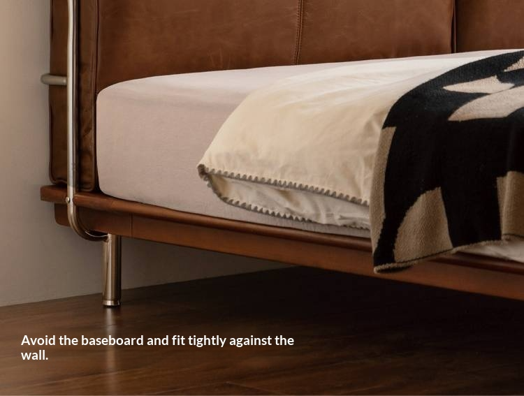Genuine Leather Bauhaus Style Double Bed with Top Grain Cowhide Soft Backrest