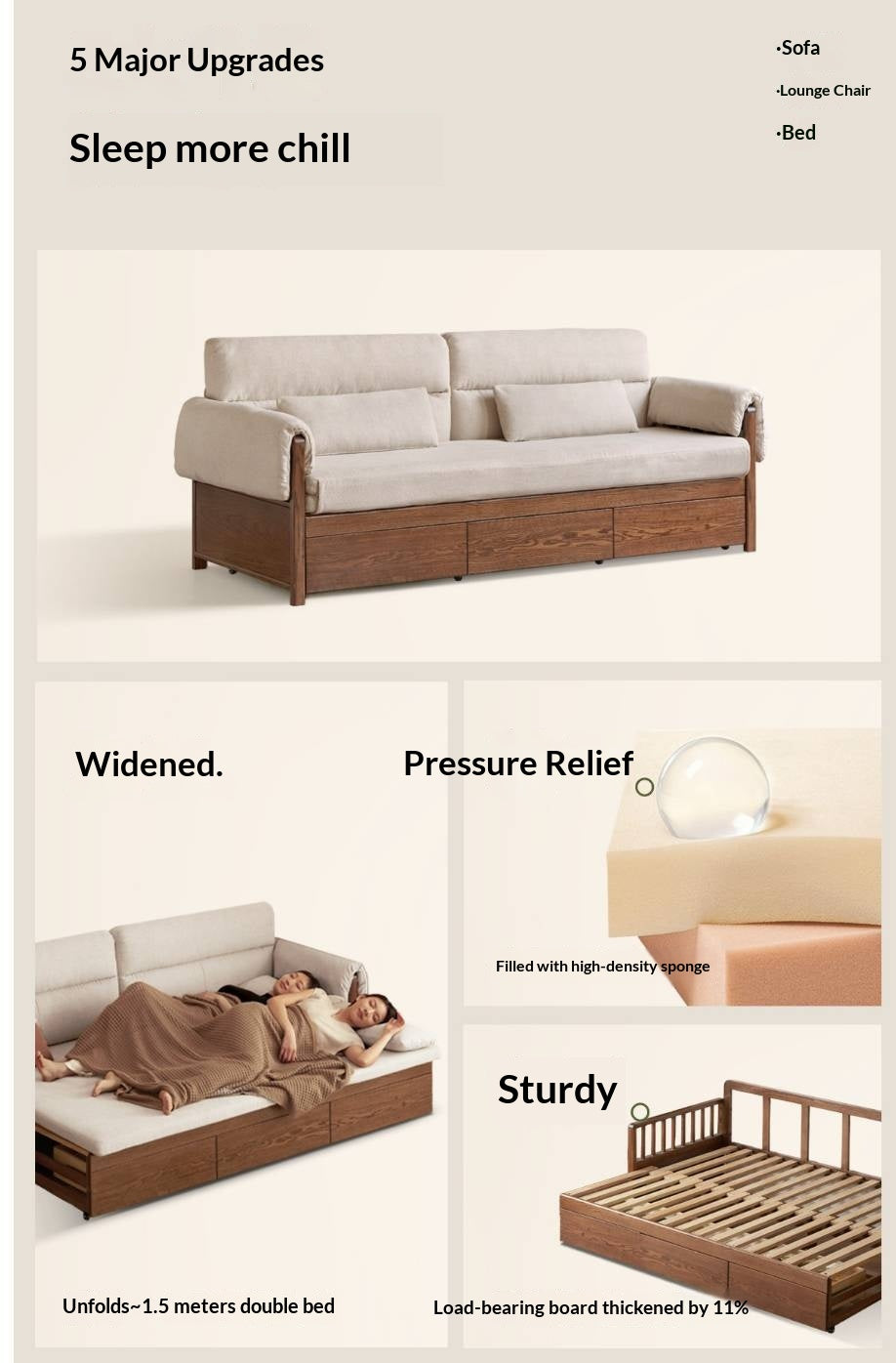 Oak Solid Wood Pull-Out Sleeper Sofa with Under-Seat Storage Drawers