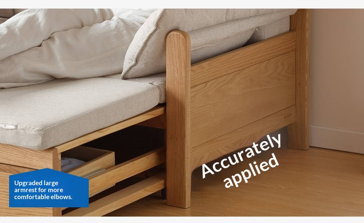 Oak Solid Wood Sofa Bed with Under-Seat Storage Drawers