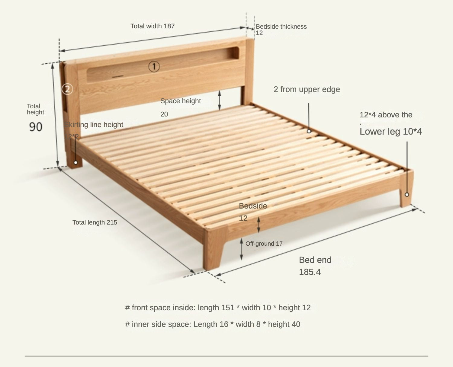 Bed Oak, Beech solid wood with light and storage"