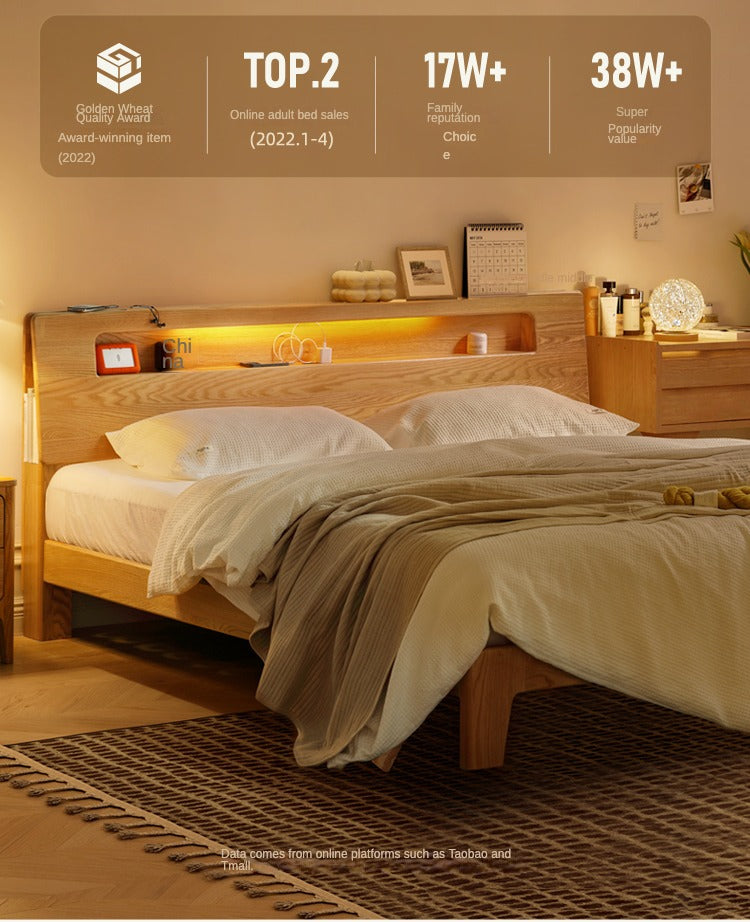 Bed Oak, Beech solid wood with light and storage"