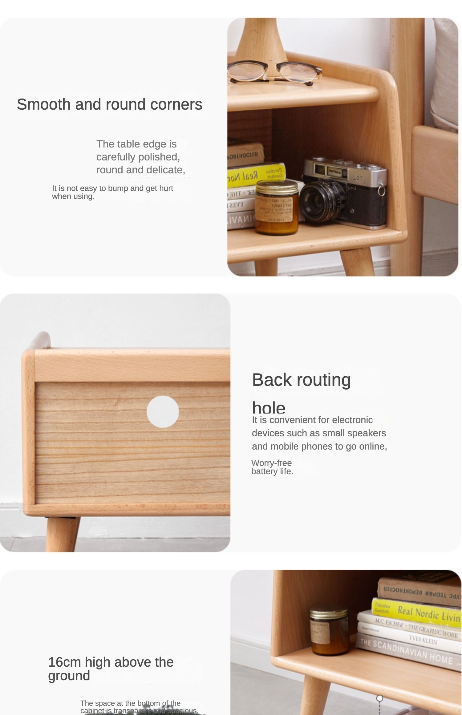 Fully open bedside cabinet Beech solid wood_