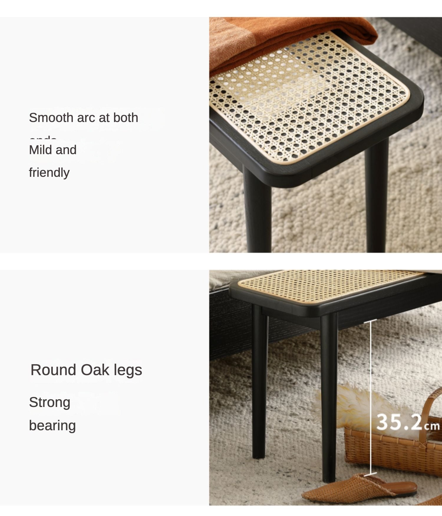 Bench rattan smoky color Oak solid wood-