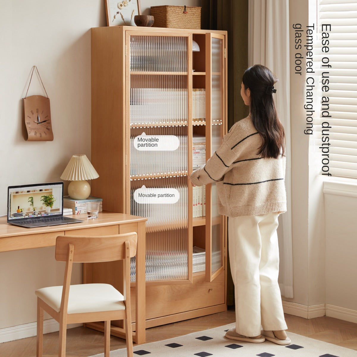 European Beech solid wood bookshelf, glass door storage display cabinet"