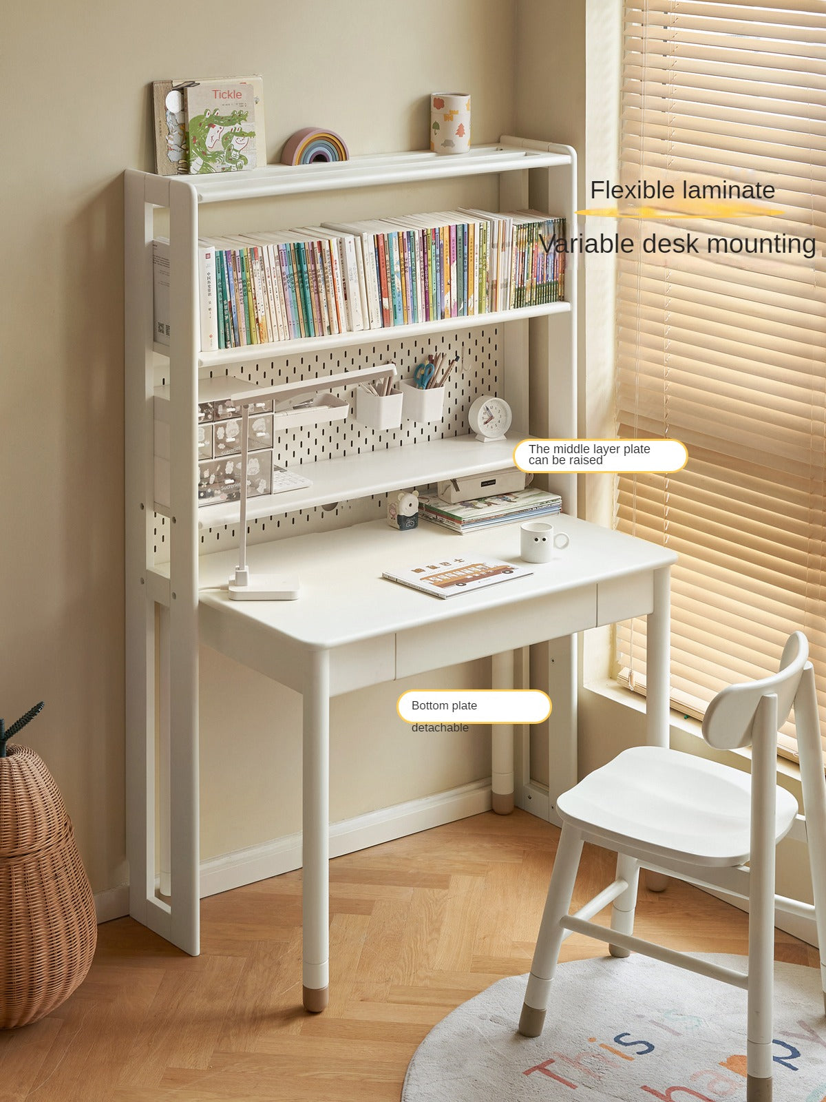 Birch solid wood cream style bookshelf floor-standing lifting children's study table"