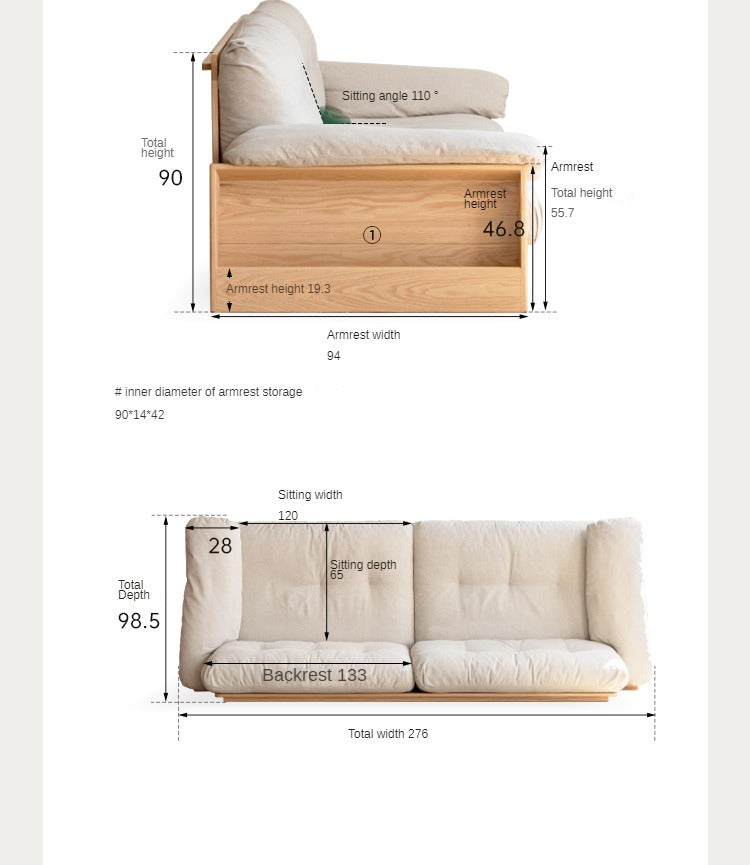 Oak Solid Wood Storage Sofa Modern Log Style Combination Furniture Set: