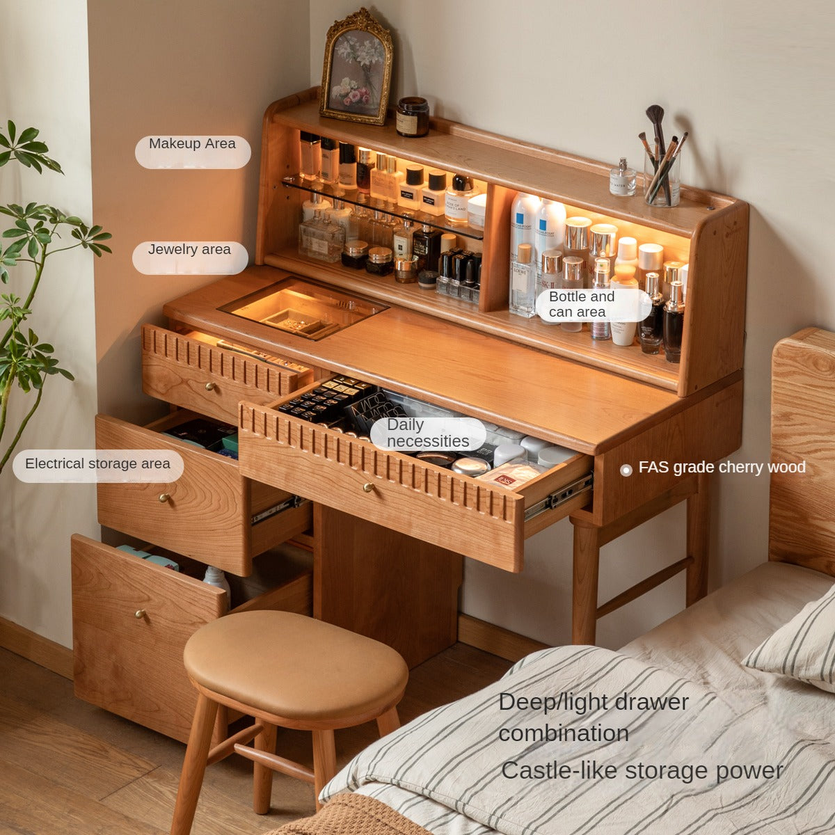 Cherry Wood Retro Dressing Table Cabinet Integrated