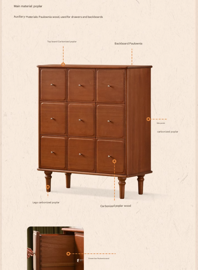 Poplar Solid Wood Cabinet French Retro Nine Drawers Cabinet