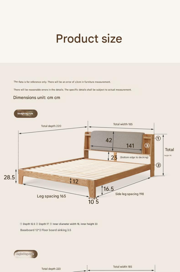 Oak solid wood Fabric Bed with light and shelf