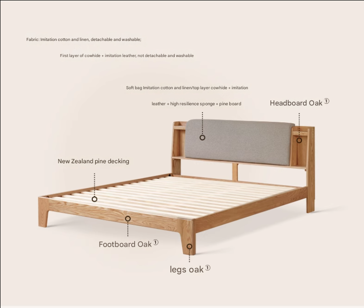 Oak solid wood Fabric Bed with light and shelf