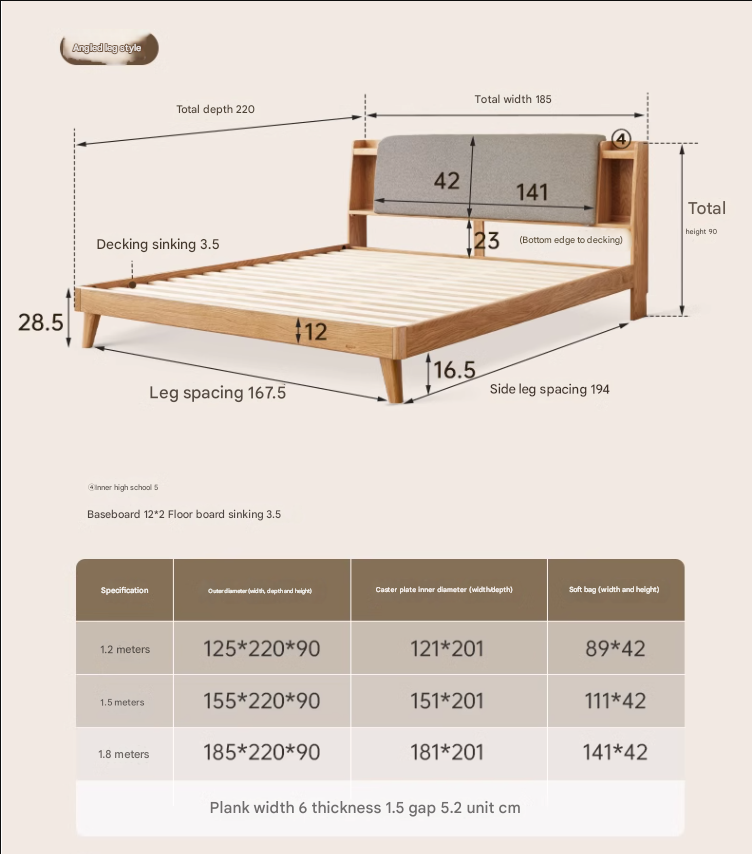 Oak solid wood Fabric Bed with light and shelf