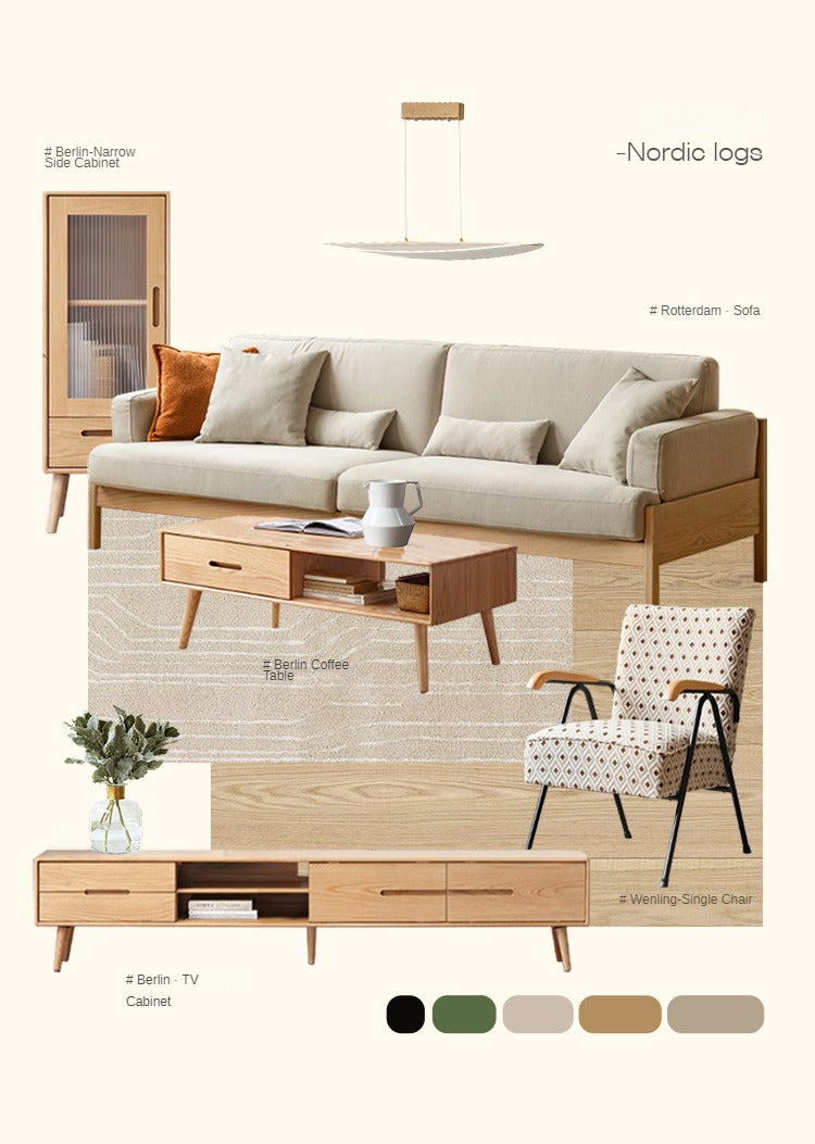 Oak Solid Wood Modern Fabric Sofa Nordic Style)