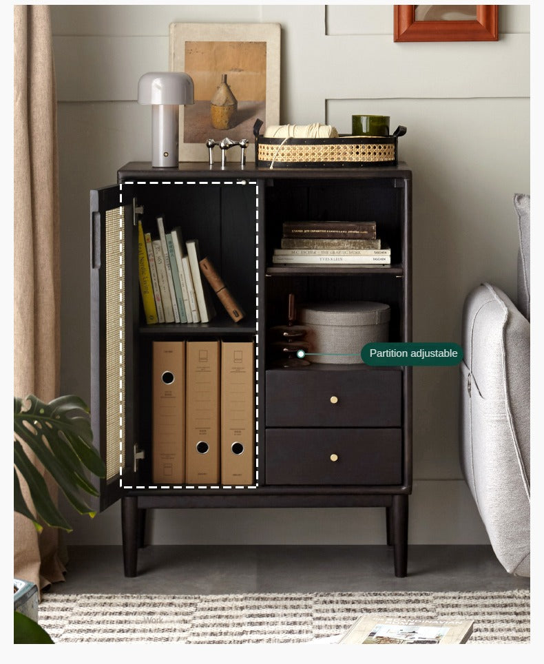 Oak Solid Wood rattan black Side Cabinet -