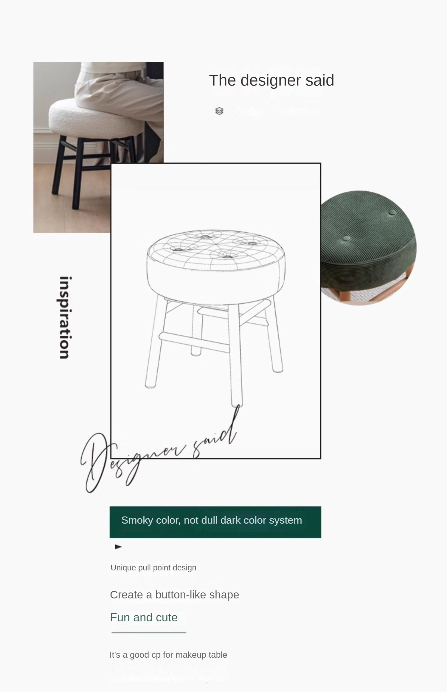 Oak Solid Wood Round Vanity Stool, Scandinavian Style White Makeup Chair